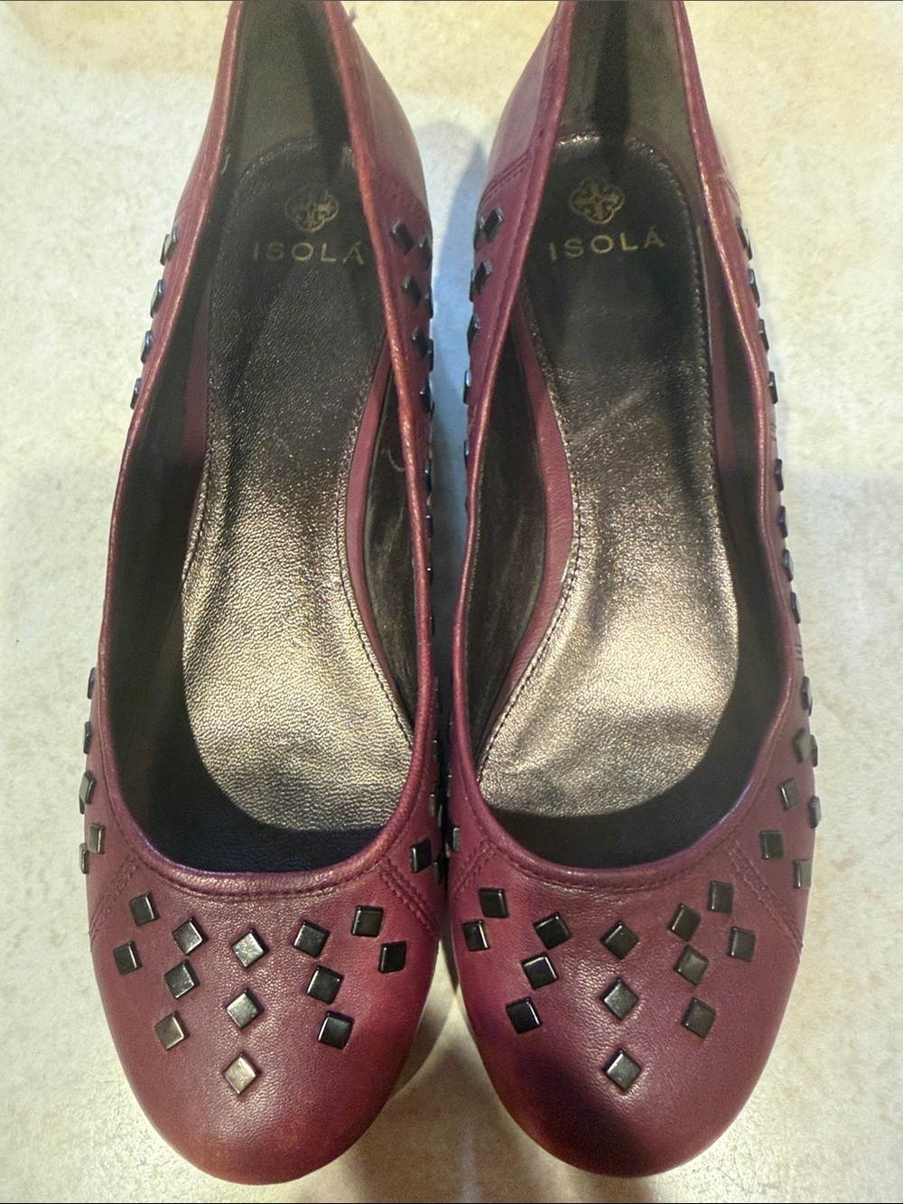 Isola Aletta Studded Leather Ballet Flats - Violet Washed Burgundy Size 9